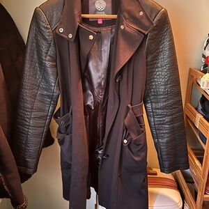 Vince Camuto Black Trench Coat with Quilted Leather Sleeves